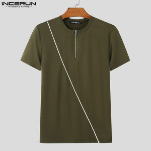 INCERUN Mens Handsome Solid Color Half Zip T-shirt Short Sleeve Muscle Fit Leisure Blouses Top (Korean Style) #250218