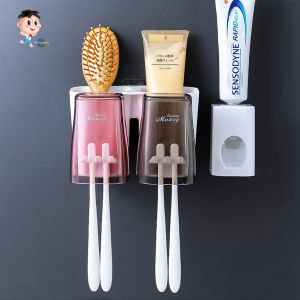 Toothpaste Dispenser Toothbrush Holder Set Dustproof with Super Adhesive Suction Cup Wall Mounted Childrens Hands-free No Punching Toothpaste Squeezer Suitable for Home Bathroom and Bathroom