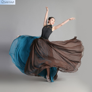 กระโปรงบัลเลต์กระโปรงชีฟอง720องศาสำหรับผู้หญิงกระโปรงยาวสองสีต่อกันชุดซ้อมเต้นบัลเลต์กระโปรงเต้นรำ