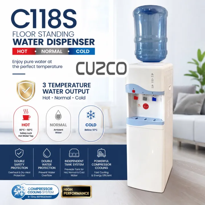 Cuzco C118S (Hot , Puri & Cold) 3/5 Gallon Bottle Type Floor Standing Water Dispenser , Compressor Cooling System,(Excluding Empty Bottle)