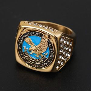 Pure Stainless Steel Eagles Solid Bull Ring for Men with Shinny Rhinestone Size 7-13