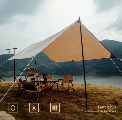 Bộ Tấm bạt/tarp màu be che nắng che mưa che lều cắm trại picnic đủ phụ kiện dây cọc chống và túi