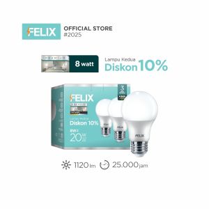 FELIX PREMIUM LED 8W Putih 2 Pcs Super Terang Hemat 90% Bohlam Lampu E27 Setara 75W Garansi 3 Tahun