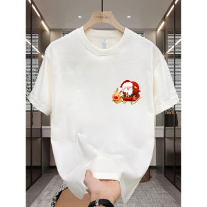 MenS Casual Cotton T-Shirt with Santa Claus Sled Design Short Sleeve Knit Fabric Comfortable All-Season Basic Top