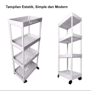 RAK SUSUN SERBAGUNA 4 TINGKAT RODA TROLI DENGAN RODA RAK KAMAR MANDI BAHAN PLASTIK PORTABLE RAK DAPUR RAK BUMBU
