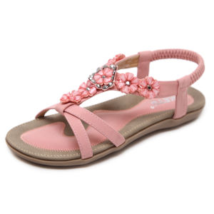 Womens bohemian flower flat Sandals rhinestone beach shoes
