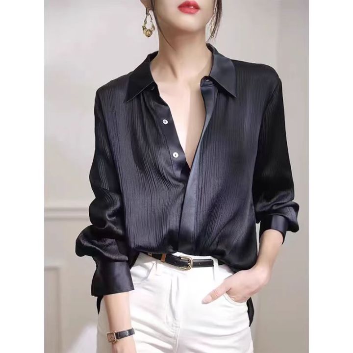 Women's Shirts Spring New Black Satin Texture Loose Long