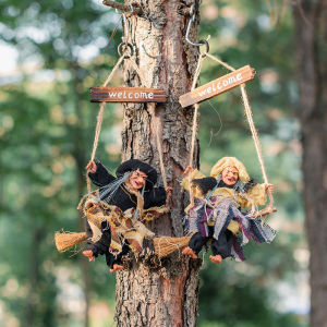 ZEEMIN Halloween Ghost Witch Doll Horror Scary Hanging Decoration Ghost Flying Witch Broom Pendant Halloween DIY Party Ornament Outdoor