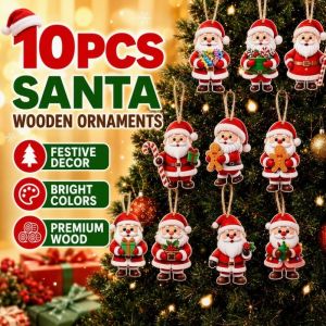 Wooden Hanging Ornament Set Santa Claus 2D Flat Christmas Tree Decor Gift Tag Party DIY