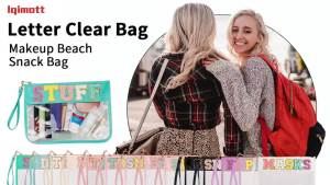 Iqimott Chenille Letter Clear Bag Baby Pouch Monogram PVC & PU Makeup Cosmetic Bag Zipper Toiletry Pouch Portable Travel Beach Snack Wristlet Bags for Women Girls(Baby Pink)