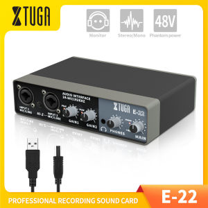 XTUGA E-22 Professional Audio Interface Stereo/Mono USB Recording Sound Card with 24 bit/192 kHz High Audio resolution Built-in Monitor Jack 48V Power Use For Studio Recording Live Broadcast K Song Record