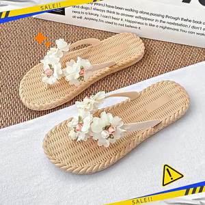 [Free Shipping] Floral Sandals For Women Summer Outdoor Wear Flat Water-Resistant Beach Flip-Flops Suitable For Pairing With Skirts Bohemian Beach Shoes