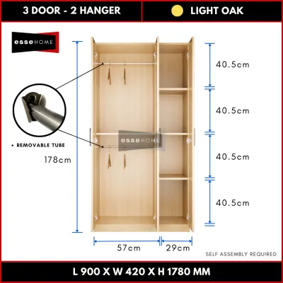 [178CM] EsseHome 3 Door Wardrobe Cabinet Cupboard Storage Almari Baju