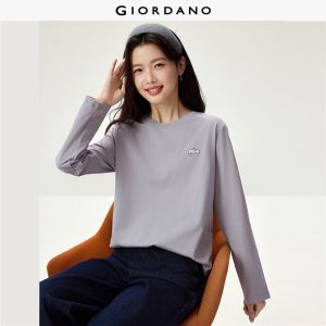 GIORDANO Women T-Shirts 100% Cotton Elephant Embroidery Tee Crewneck Long Sleeve Fashionable Casual Loose T-Shirts 13326991