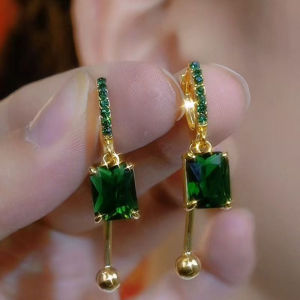 YOUJ  Elegant Exquisite Geometric Square Pendant Earrings High-end Green Square Zircon Ear Buckles