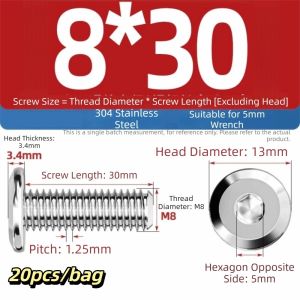 SIDSI 20pcs/bag 304 Stainless Steel 304 Stainless Steel Furniture Screws Inclined Round Head Fine Beveled Edge Large Flat Countersunk Hex Socket Bolts Multiple Specifications Countersunk Structure Beveled Round Head Screws Furniture Assembly
