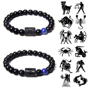 【Y2E2noa】 12 Constellation Zodiac Signs Beads Couple Bracelet Natural Black Onyx Stone Elastic Charm Bracelet for Women Men