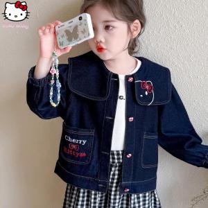 Christmas Gift Halloween Anime Cartoon Hello Kitty Girls Denim Jacket Childrens Sanrio Spring Autumn New Fashion Casual Tops Kawaii Sweet Denim Coat