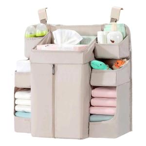 Baby Crib Hanging Organizers 6 Compartments Large Zippered Pocket Durable Fabric Nursery Storage Solution