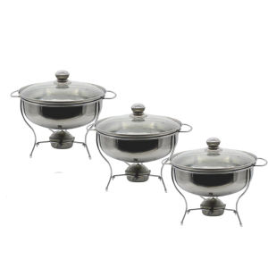 Stainless Steel Food Tray Round Chafing Dish Food warmer insulation with glass cover Chafing Dish Hot Pot Buffet Food Warmer with Fuel Alcohol Rack Buffet 3 Liter 3 Piece Set UNIBEST