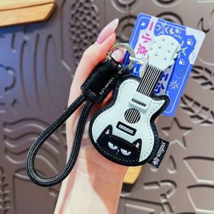 XIJIBAN Mèo đen Móc khóa da Hình dáng của đàn piano. Da PU Móc khóa hình mèo đen. Dễ thương Hình dáng cây đàn guitar. Móc khóa hình đàn guitar Dành tặng bạn bè.