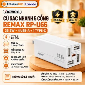 Củ Sạc Nhanh Đa Năng 5 Cổng Remax RPP-U66 công suất 35.5W ( 4USB +1 typeC ) CHỐNG CHÁY NỔ 2.4A - SẠC NHANH Quick Charge 2.4A