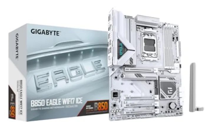 GIGABYTE B850 EAGLE WIFI7 ICE motherboard with white design and WiFi 7 support.
