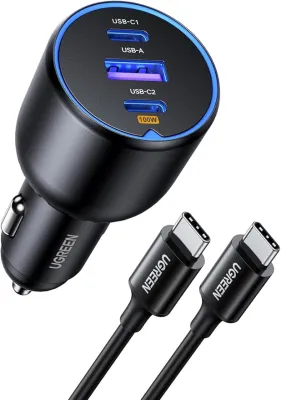 UGREEN 130W Super Fast Car Charger with 100W PD 30W PD 22.5W FCP Fast Charging Ports 3 Ports Cigarette Lighter Adapter PD3.0/QC4.0/PPS 45W LED Light Compatible with MacBook iPad iPhone 16 Galaxy S24 with a 100W USB C Cable