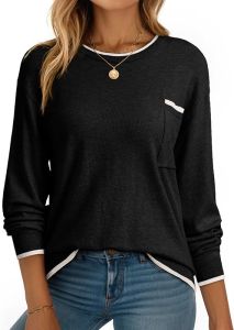 Dokotoo  Women Sweater Casual Round Neck Long Sleeve Pullover Sweater Tops with Chest Pocket