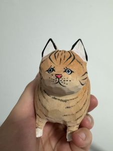 Cute Fat Wooden Cat Figurine Cat Statue Handmade Wooden Cat Art Carving Work for Decoration (Grey L: 3.42" x W: 2.2" x H: 3.11")