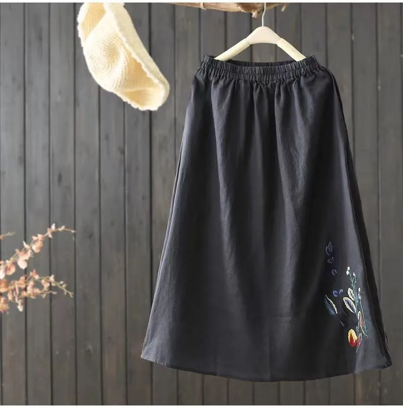 Summer Cotton Linen Skirt Women Retro Embroidered Large Size