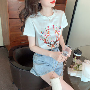 AMMIN เสื้อเบลาส์แขนสั้นพิมพ์ลายสัตว์ Warna Lukis เสื้อยืดคอกลมได้สำหรับฤดูร้อนเสื้อยืดผ้าฝ้ายผู้หญิงสไตล์เกาหลีแขนสั้นสง่างามสีทึบ