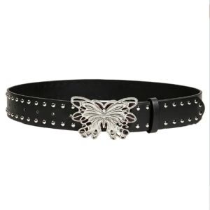PTK52 Jeans Decor Butterfly Waist Belt Punk Y2k Pu Waistbands Fashion Wide Rivet Belt Women