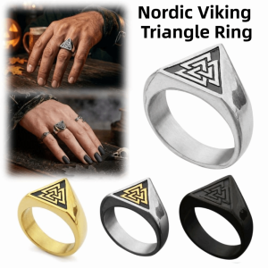 DOUCAI Vintage Nordic Viking Ring Titanium Steel Finger Jewelry Triangle Symbol Signet Ring Historical Accessory Decors Rune Protector Amulet Ring Men Women