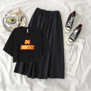 1 Pasang Baju Crop Oversized Dan Rok Panjang Premieum Cocok Untuk Remaja Motif 06 Winter