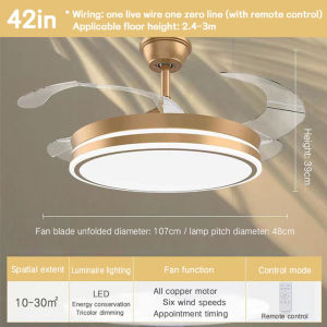 Ceiling Fan Light Retractable Invisible Ceiling LED Ceiling Modern Fan With Lights Tri Color Lights 6 Speed Remote Control Fan Chandelier For Living Room Dining Room Bedroom Kitchen Hanging Lights
