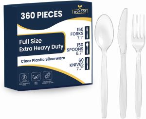 360 Count Extra Heavy Duty Plastic Silverware Set – Heat Resistant & BPA Free Silverware Cutlery 150 Forks 150 Spoons 60 – Clear Premium Plastic Utensils for Parties & Events