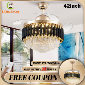 KASIDA 42inch Crystal ceiling fan with light modern 3 colors lights strong wind chandelier with fan retractable invisible ceiling fan with led light mute ceiling lights with fan for living room dinning bedroom