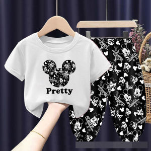 ชุดเด็กชายหญิงสไตล์เกาหลี อายุ3-10ปี เซ็ทกางเกงขายาวเอวจ้ํา+เสื้อยืดลายมิกกี้เท้าเทา-หมีสก็อต ผ้าฝ้าย ไซส์100-140 cm.