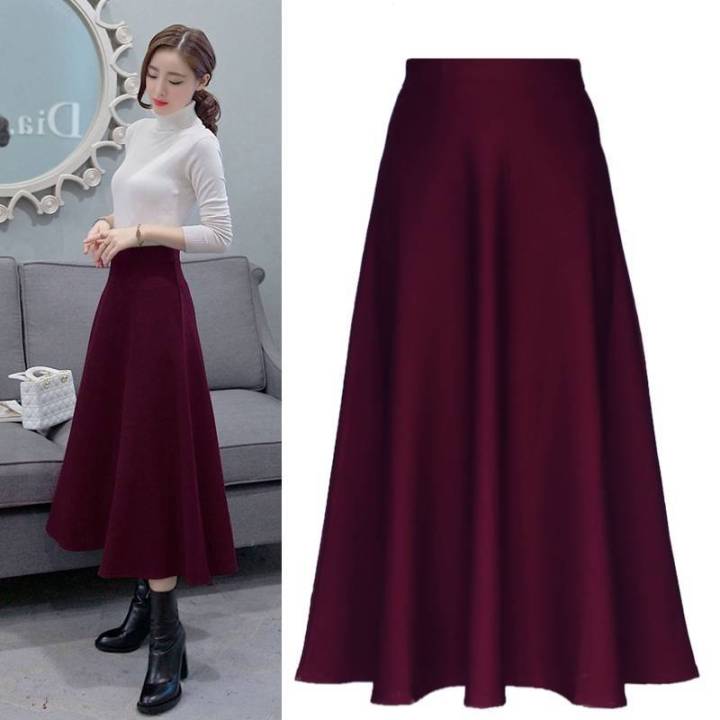 Women Casual Long Skirt Elastic High Waist Plain A-Line Skirt