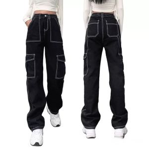 UN 2024 new style 6 Pockets Jeans Cargo Pants Highwaist Baggy Casual Womens Wide Leg Pants
