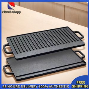 Vktech Cast Iron Flat Griddle with Double Handles Non-Stick Coating Suitable for Steak Bread and Broiling in Kitchen or Grill