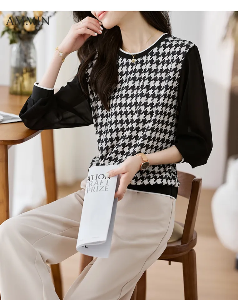 AMMIN 2023 new simple round neck fashion retro classic black and white  check print stitching long sleeve knit T-shirt woman Korean style autumn  black puffed sleeve casual elegant blouse