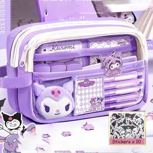 Cute Kawaii 5-Layer Large Pencil Case Holds 100 Pens & 20cm Ruler Blue Pink Purple Stationery Set