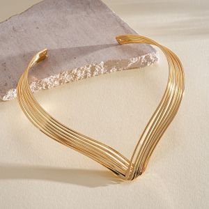THANKSKY Quá phóng đại Dây chuyền nhiều lớp kim loại Lỗ kim loại Trang sức hình học Vòng cổ thời trang nữ Phong cách nghỉ dưỡng Bohemian Thanh lịch Cổ áo kim loại xoắn không đều Tặng quà ngày lễ