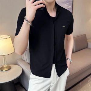 Camisas De Hombre Summer Stand Collar Shirts For Men Clothing High Quality Fashion Spliced Design Slim Fit Mens Dress Shirts 4XL2026