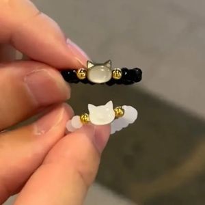 Đá Mặt Trăng tự nhiên Obsidian nhẫn hạt tối giản Fidget Nhẫn làm bằng tay dễ thương màu đen trắng nhẫn hình mèo dự tiệc cho nữ Phụ kiện trang sức sinh nhật Quà Tặng Ngày Valentine