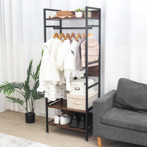 UNHO Industrial Entryway Clothes Rail Clothing Stand with Storage Shelves Garment Shelf Organizer 60x40x162cm