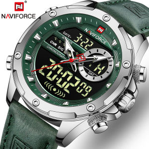 NAVIFORCE Top Brand Luxury Mens Watches Business Leather Band LCD Digital Quartz Waterproof Clock Alarm Light Stopwatch Men Watch