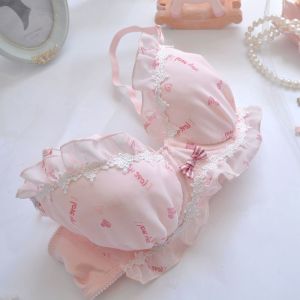 Japanese Plus Size Bra Wired Thin Cup Heart Love Cute Chiffon Print Lace Bow 大码内衣